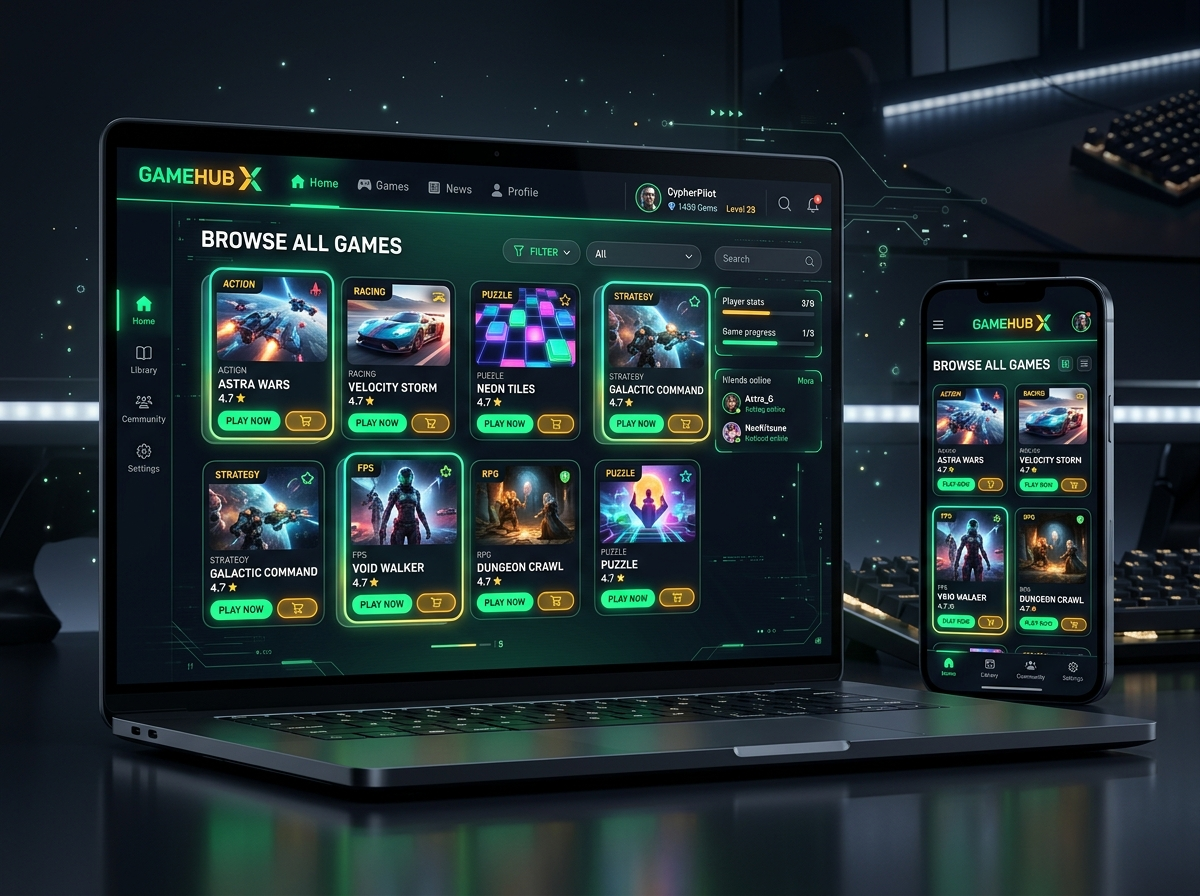 ArcadiaRush arcade dashboard showing a vibrant grid of playable browser games